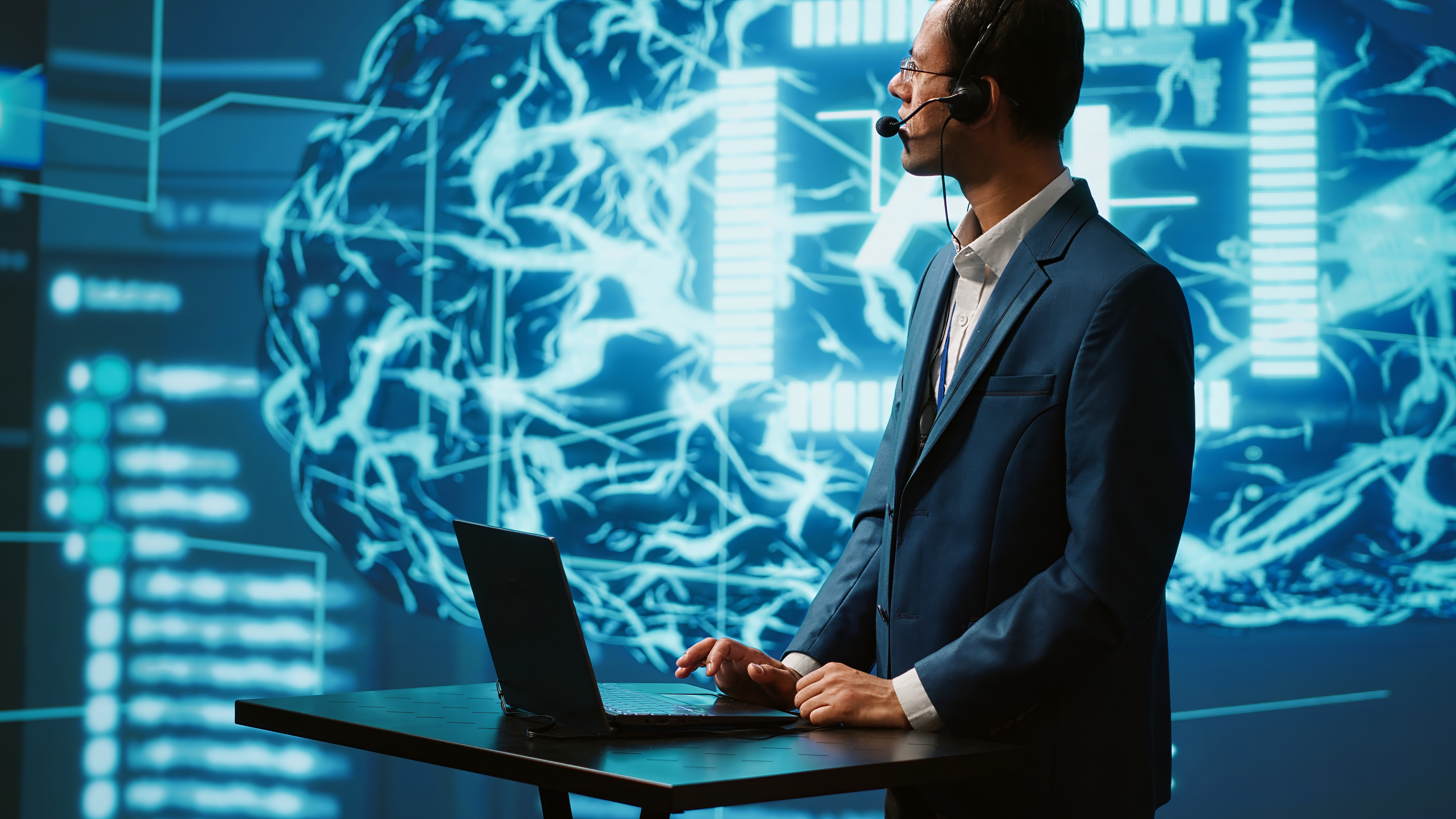 Speaker talking with audience during remote call online AI webinar